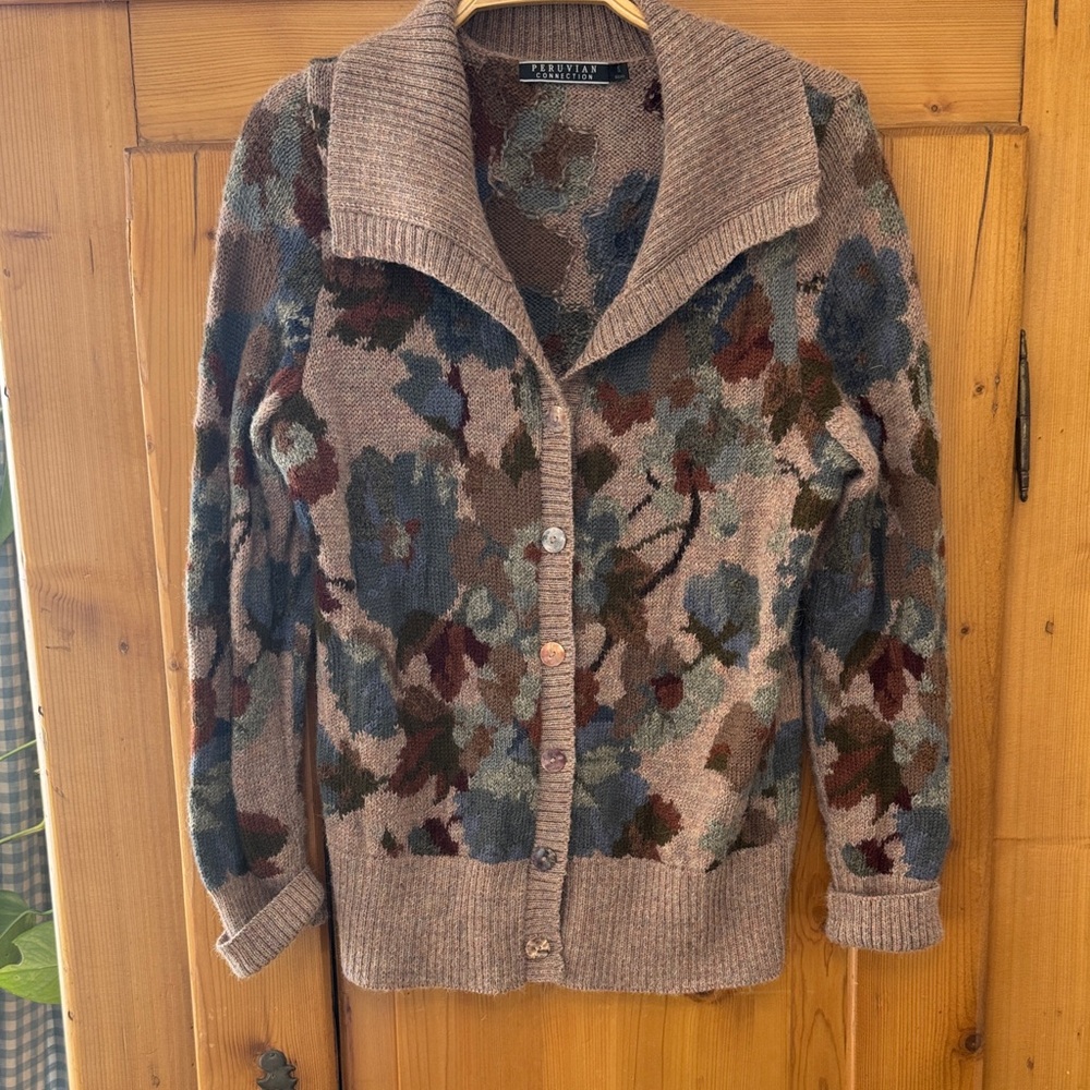 Peruvian Connection Alpaca Cardigan with Blue and Rust Floral Jacquard